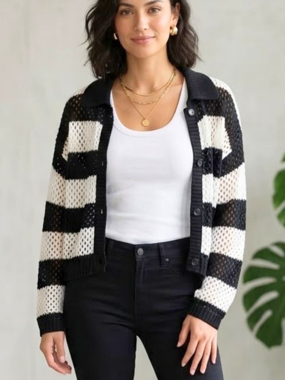 DIVIDED L Black & White Open Knit Cardigan | Lightweight Layering Sweater